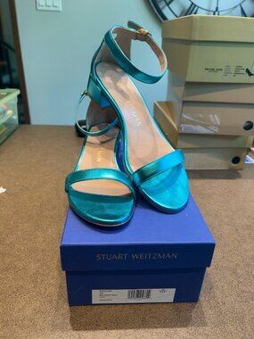Stuart Weitzman Nudist June Metallic Turquoise Nappa Leather Block Heel Sandals